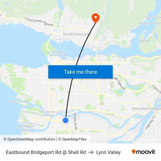 Eastbound Bridgeport Rd @ Shell Rd to Lynn Valley map