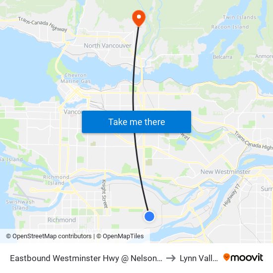 Eastbound Westminster Hwy @ Nelson Rd to Lynn Valley map