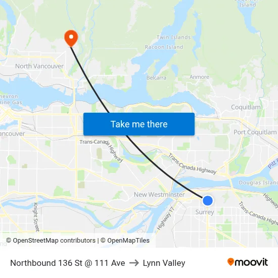 Northbound 136 St @ 111 Ave to Lynn Valley map
