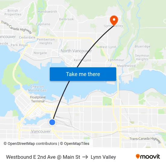 Westbound E 2nd Ave @ Main St to Lynn Valley map