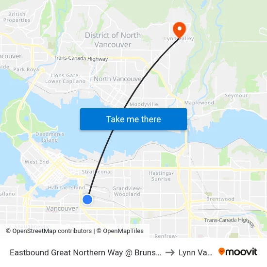 Eastbound Great Northern Way @ Brunswick St to Lynn Valley map