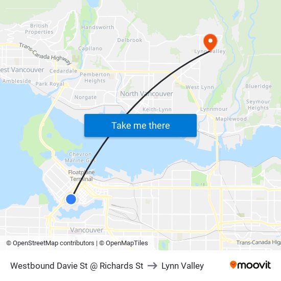 Westbound Davie St @ Richards St to Lynn Valley map