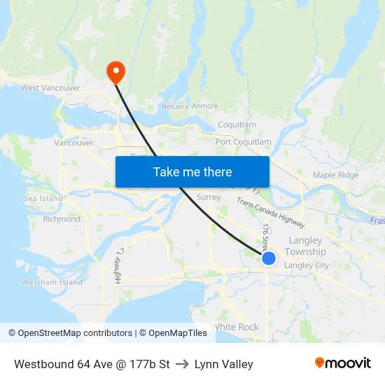Westbound 64 Ave @ 177b St to Lynn Valley map