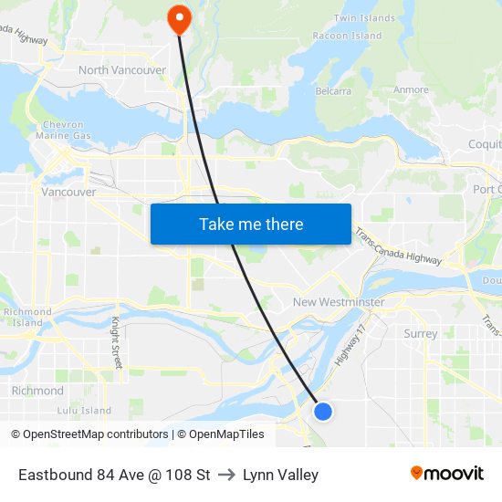 Eastbound 84 Ave @ 108 St to Lynn Valley map