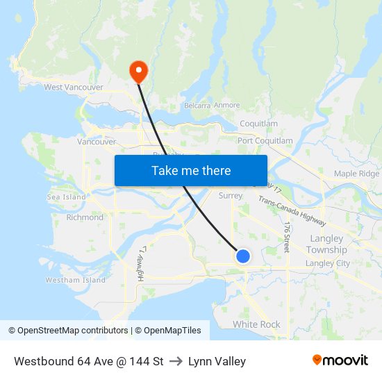 Westbound 64 Ave @ 144 St to Lynn Valley map