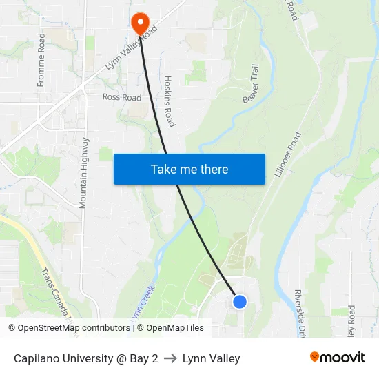 Capilano University @ Bay 2 to Lynn Valley map
