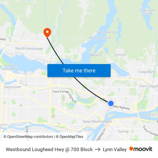 Westbound Lougheed Hwy @ 700 Block to Lynn Valley map