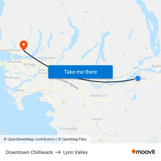 Downtown Chilliwack to Lynn Valley map