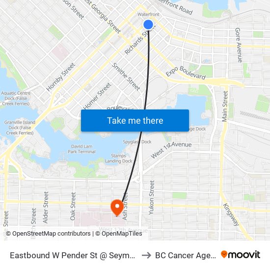 Eastbound W Pender St @ Seymour St to BC Cancer Agency map