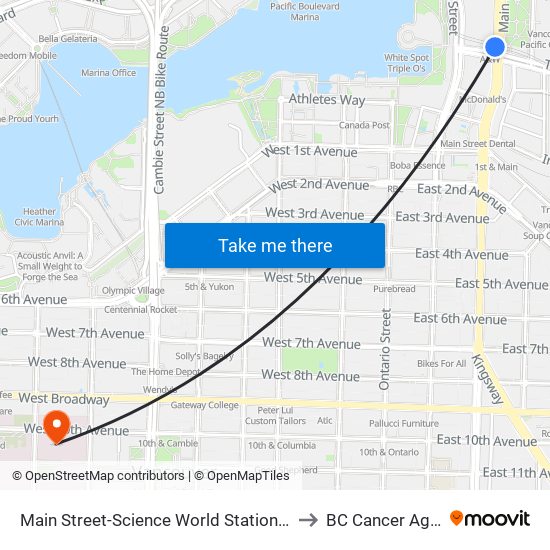 Main Street-Science World Station @ Bay 1 to BC Cancer Agency map