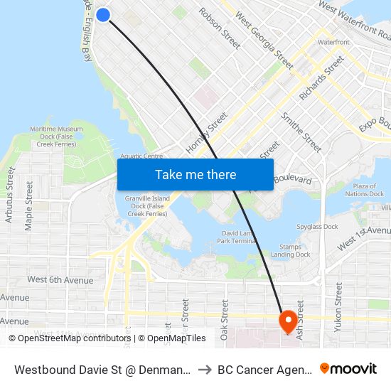 Westbound Davie St @ Denman St to BC Cancer Agency map