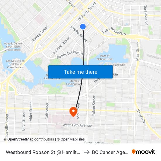 Westbound Robson St @ Hamilton St to BC Cancer Agency map