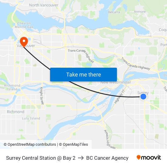 Surrey Central Station @ Bay 2 to BC Cancer Agency map