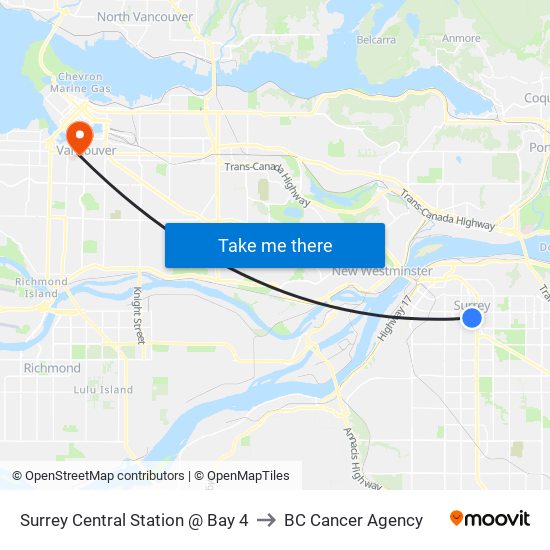 Surrey Central Station @ Bay 4 to BC Cancer Agency map