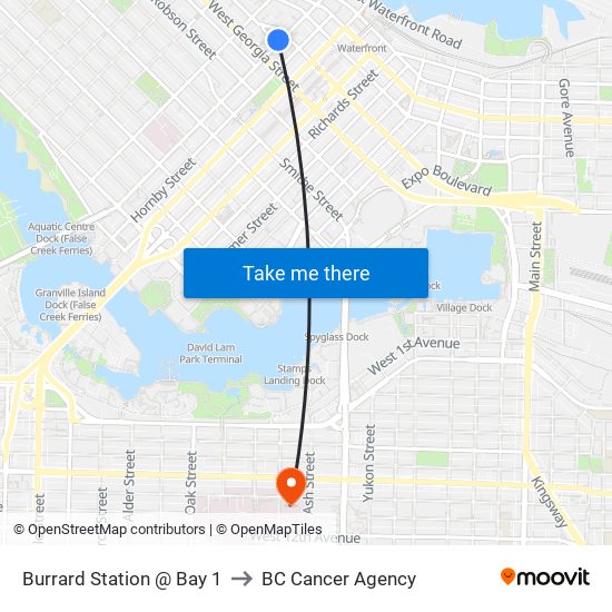 Burrard Station @ Bay 1 to BC Cancer Agency map