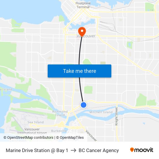 Marine Drive Station @ Bay 1 to BC Cancer Agency map