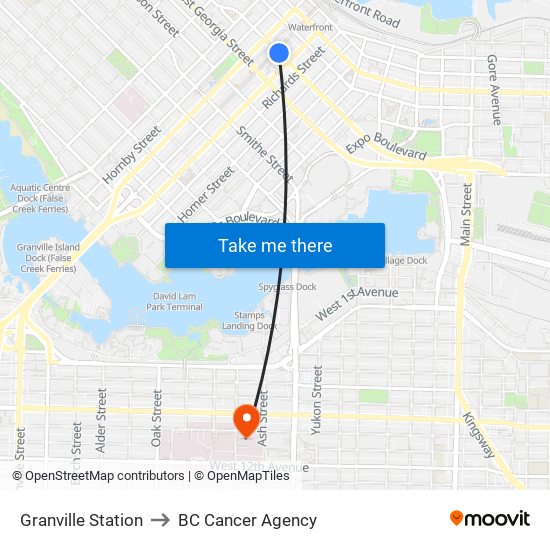 Granville Station to BC Cancer Agency map