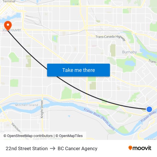 22nd Street Station to BC Cancer Agency map