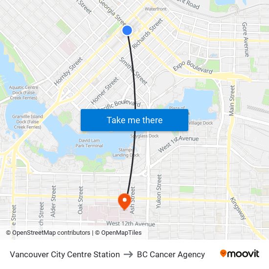 Vancouver City Centre Station to BC Cancer Agency map