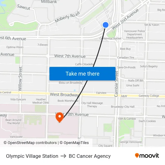 Olympic Village Station to BC Cancer Agency map