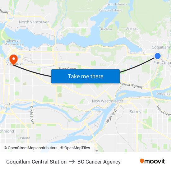 Coquitlam Central Station to BC Cancer Agency map