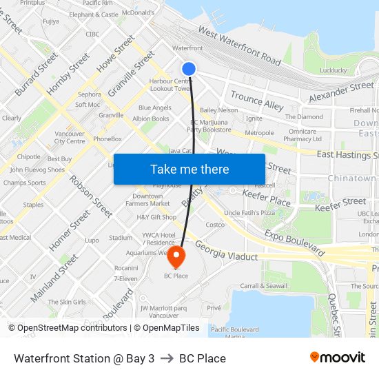 Waterfront Station @ Bay 3 to BC Place map