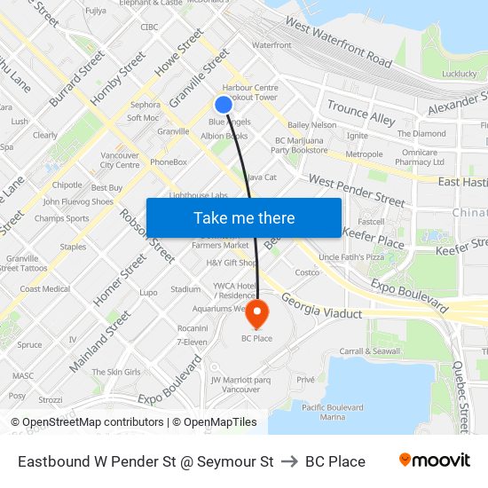 Eastbound W Pender St @ Seymour St to BC Place map