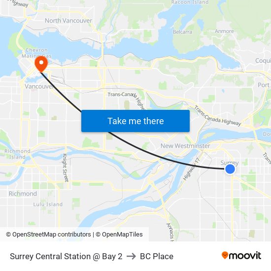 Surrey Central Station @ Bay 2 to BC Place map