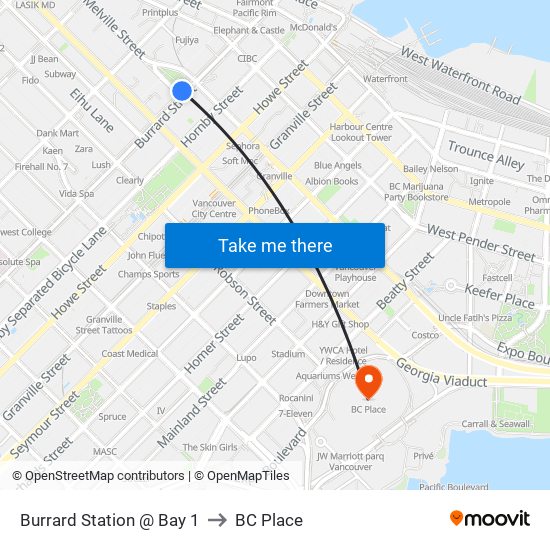 Burrard Station @ Bay 1 to BC Place map