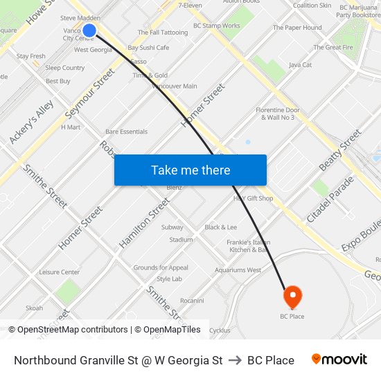 Northbound Granville St @ W Georgia St to BC Place map