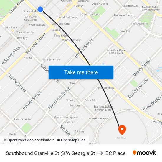 Southbound Granville St @ W Georgia St to BC Place map