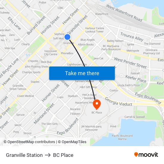Granville Station to BC Place map