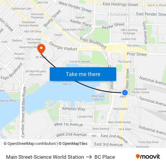 Main Street-Science World Station to BC Place map