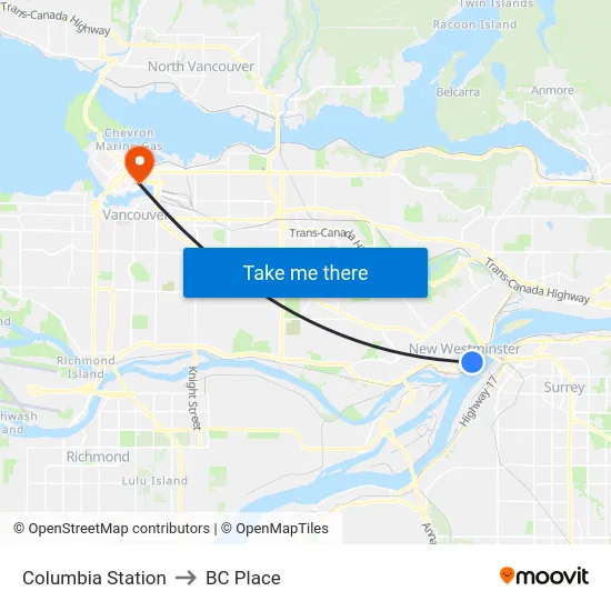 Columbia Station to BC Place map