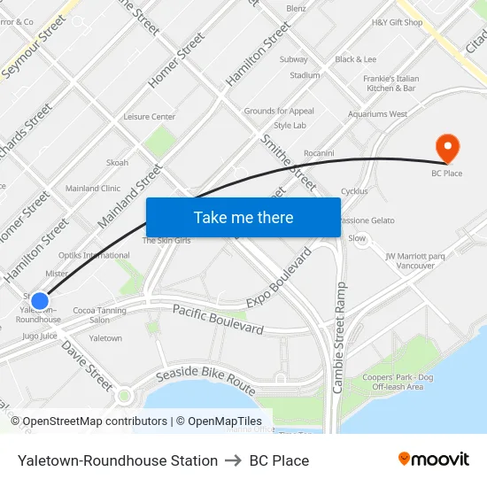 Yaletown-Roundhouse Station to BC Place map