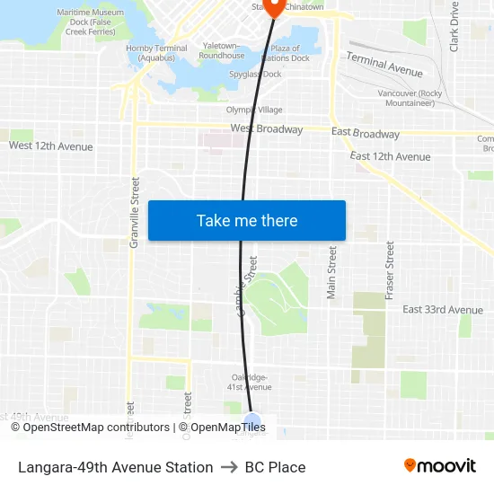 Langara-49th Avenue Station to BC Place map