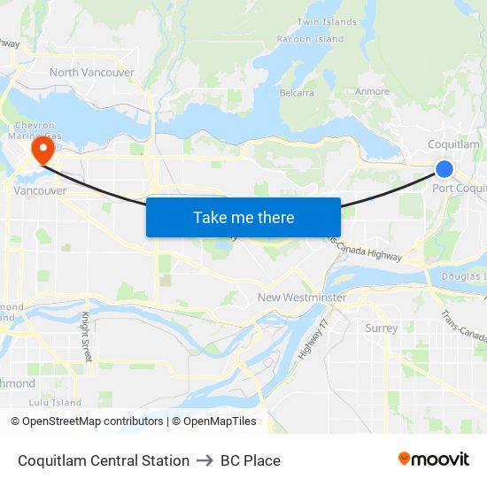 Coquitlam Central Station to BC Place map