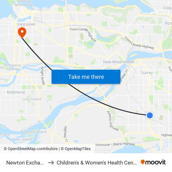Newton Exchange @ Bay 4 to Children's & Women's Health Centre of British Columbia map