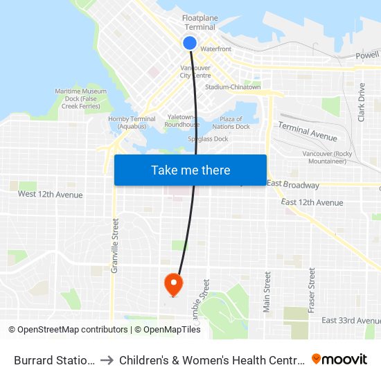 Burrard Station @ Bay 1 to Children's & Women's Health Centre of British Columbia map