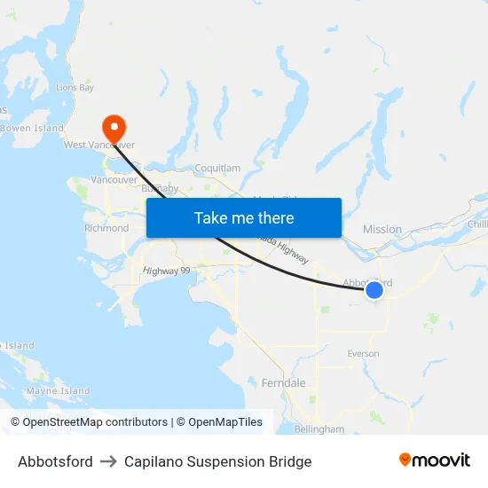 Abbotsford to Capilano Suspension Bridge map