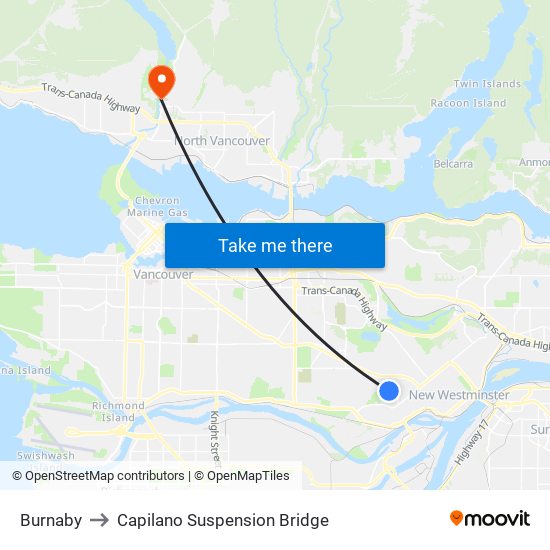 Burnaby to Capilano Suspension Bridge map