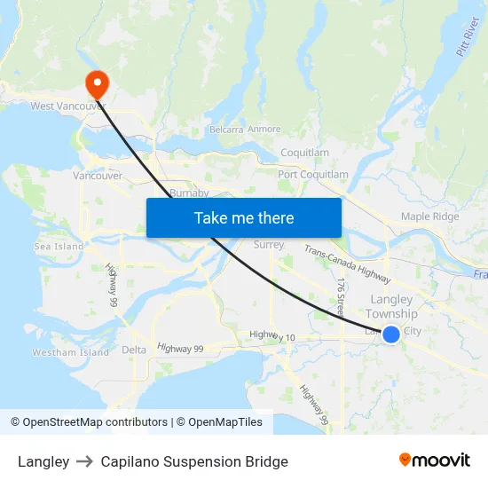 Langley to Capilano Suspension Bridge map