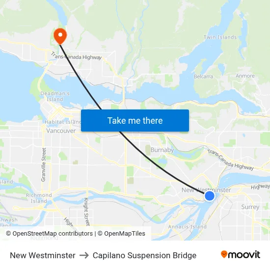 New Westminster to Capilano Suspension Bridge map