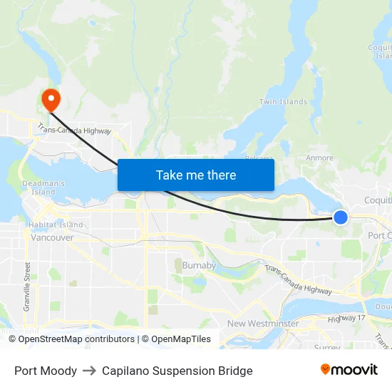 Port Moody to Capilano Suspension Bridge map