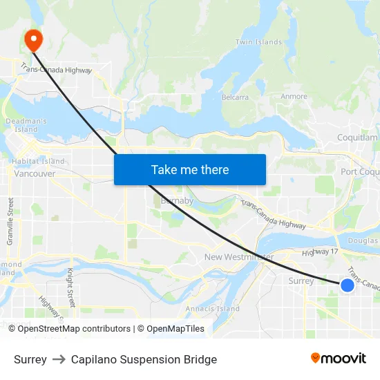 Surrey to Capilano Suspension Bridge map