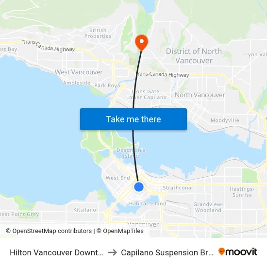 Hilton Vancouver Downtown to Capilano Suspension Bridge map