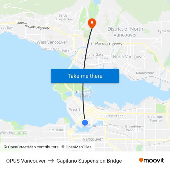 OPUS Vancouver to Capilano Suspension Bridge map