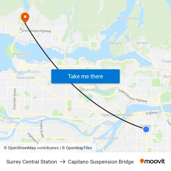 Surrey Central Station to Capilano Suspension Bridge map