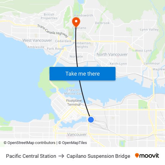 Pacific Central Station to Capilano Suspension Bridge map