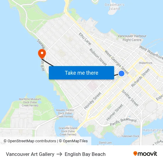 Vancouver Art Gallery to English Bay Beach map